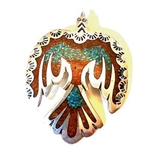 Vintage Navajo Sterling Silver Turquoise & Coral Inlay Pendant